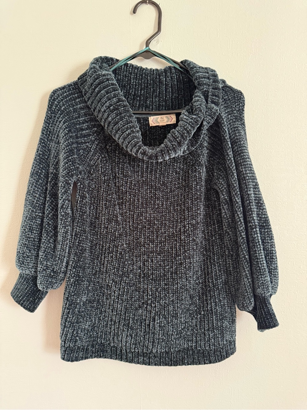 Pink Rose Turquoise Chenille Cowl Neck Sweater
